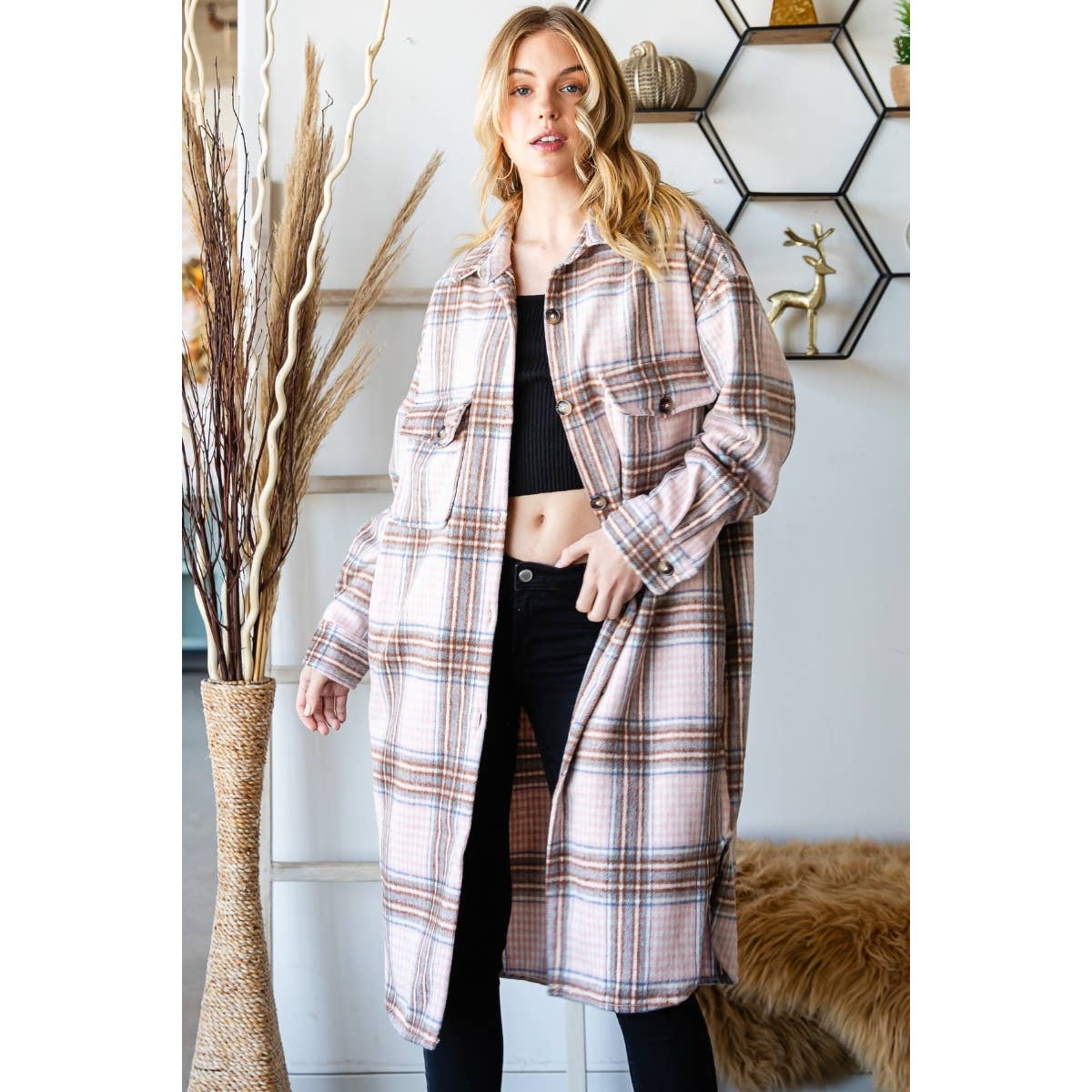 Wool Mix Plaid Checker Longline Shacket: Pink Combo / M