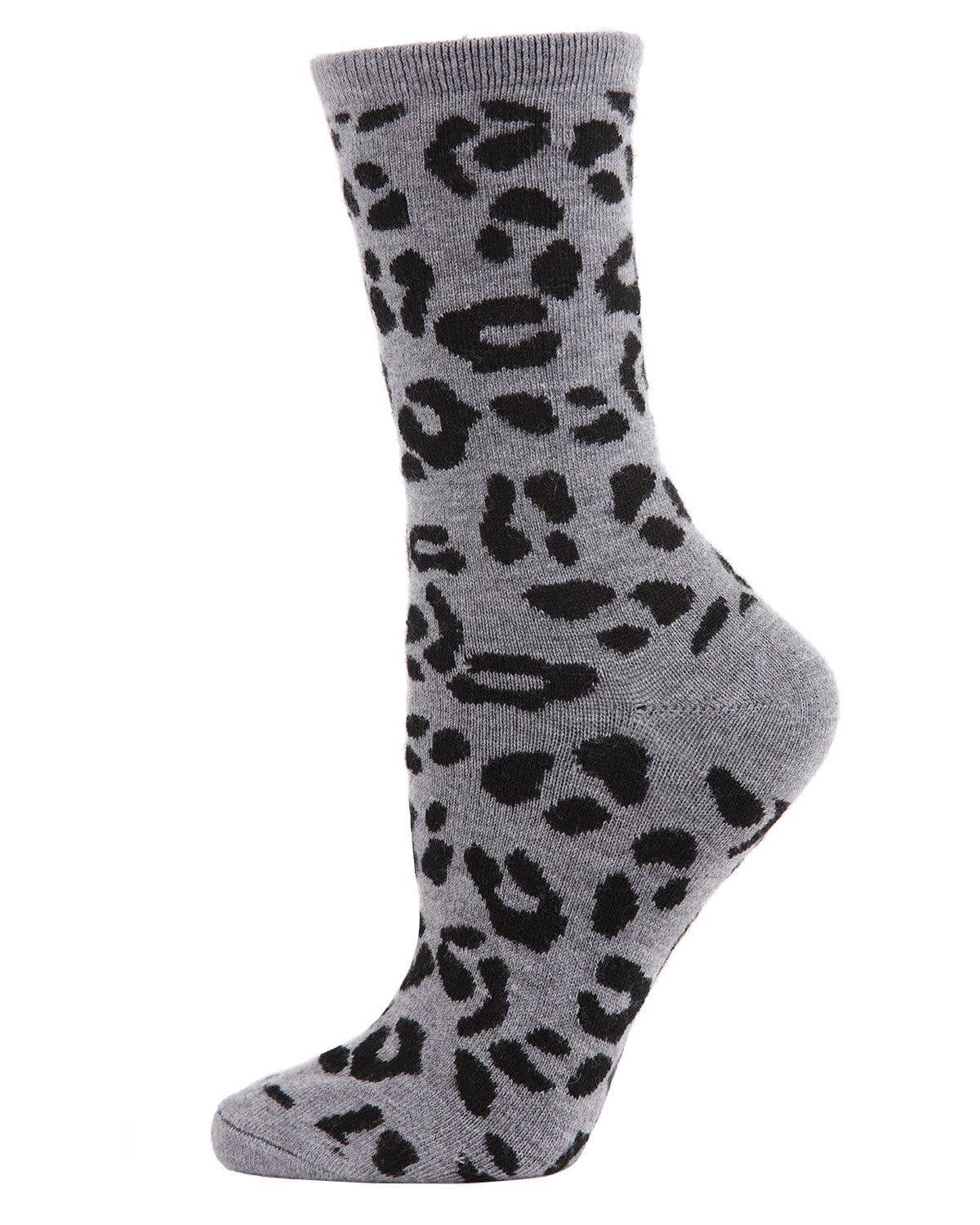 MeMoi Leopard Animal Print Cashmere Blend Crew Socks: Hemp Heather / 9-11