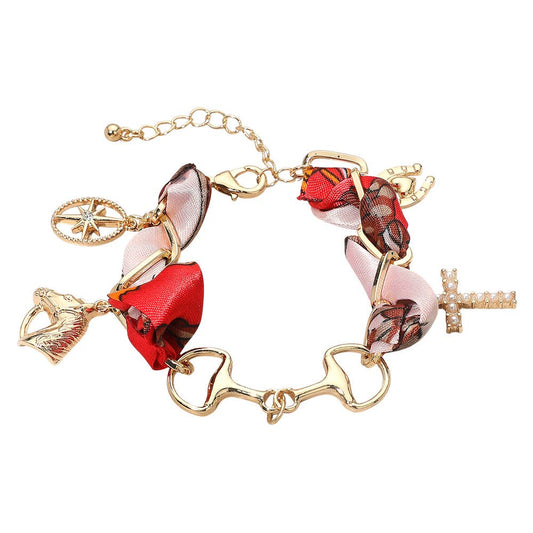 Horsebit Link Center Horse Horseshoe Pearl Cross Starburst Charm Station Fabric Bracelet: Gold,Red
