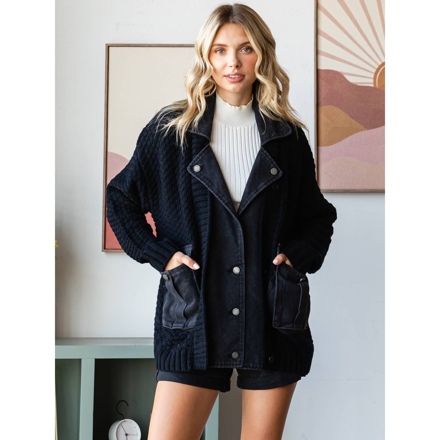 Knit Body Denim Layerd Jacket: Grey / Denim / S