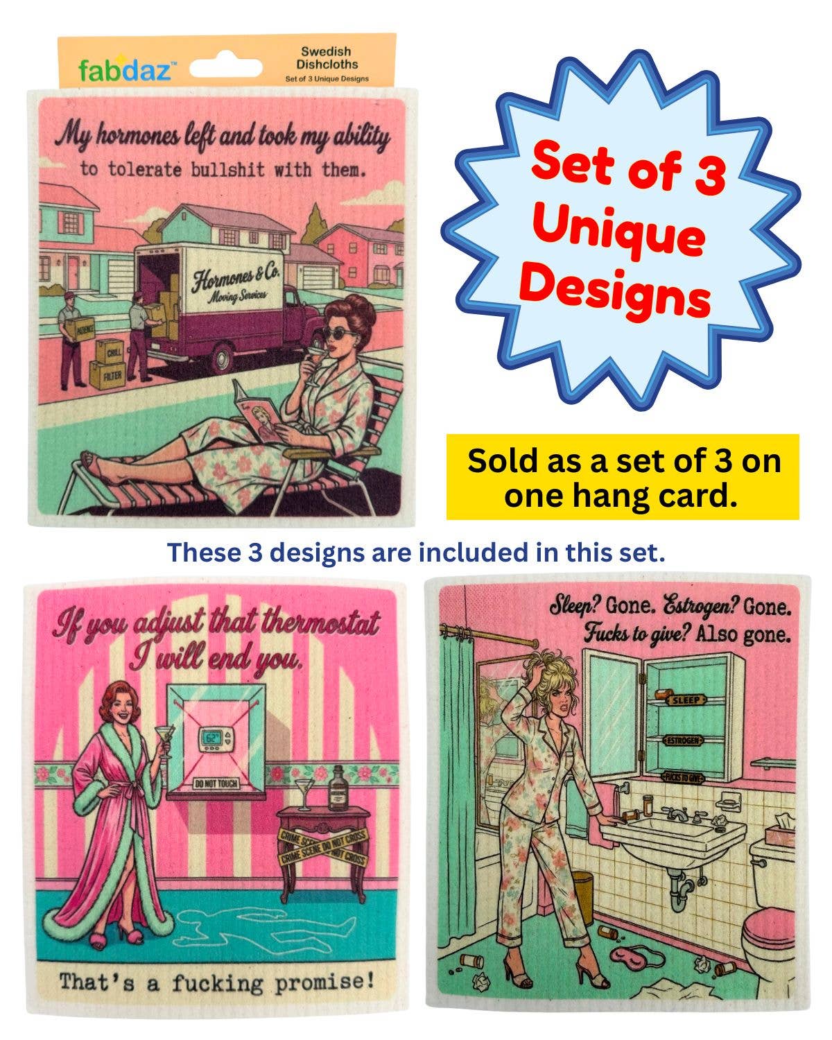 Funny Menopause Sayings - Set of 3 - Swedish Dishcloths