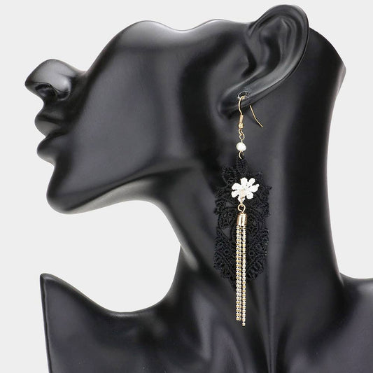 Flower Pointed Crochet Lace Dangle Earrings: Gold