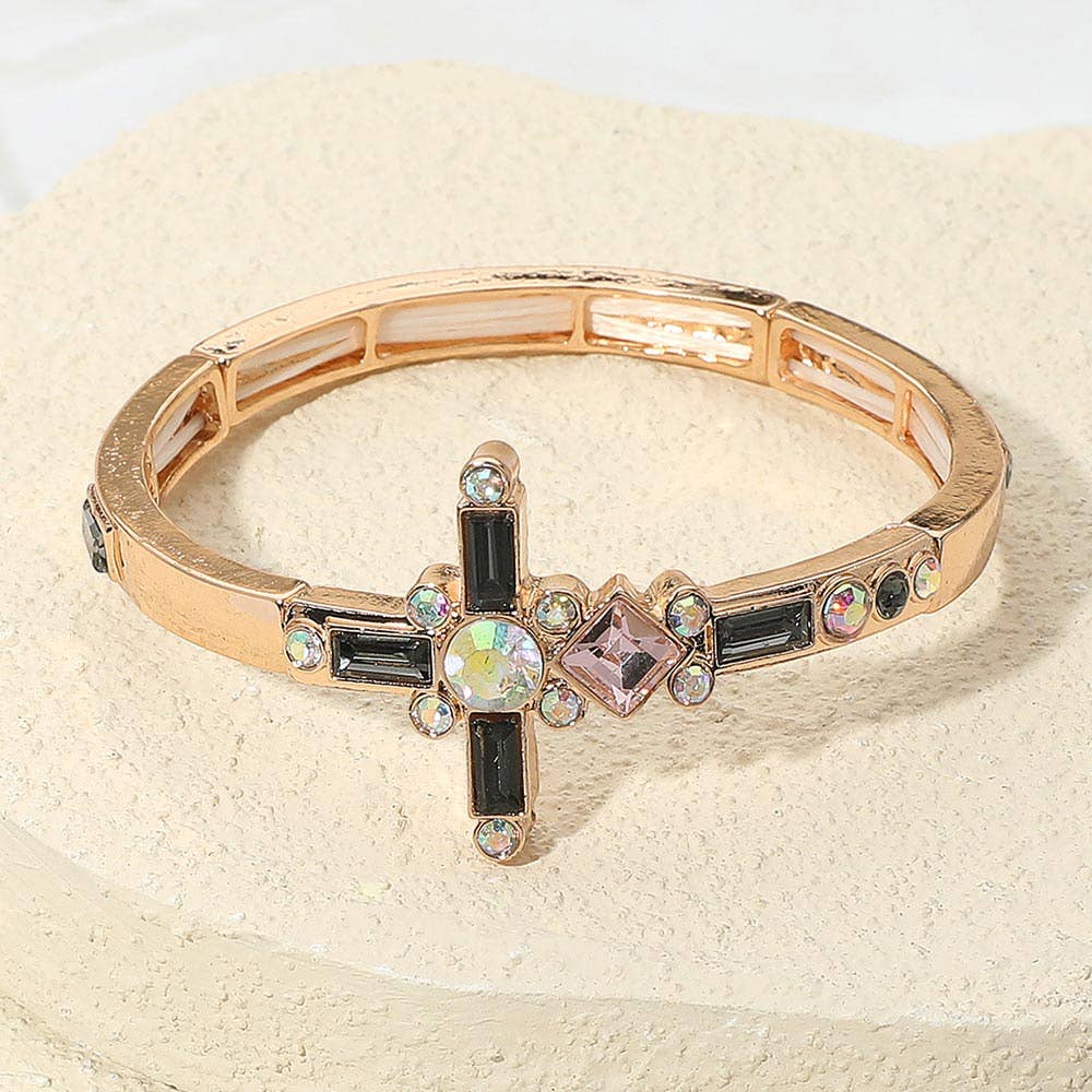 Mixed Stone Cross Accent Stretch Bracelet