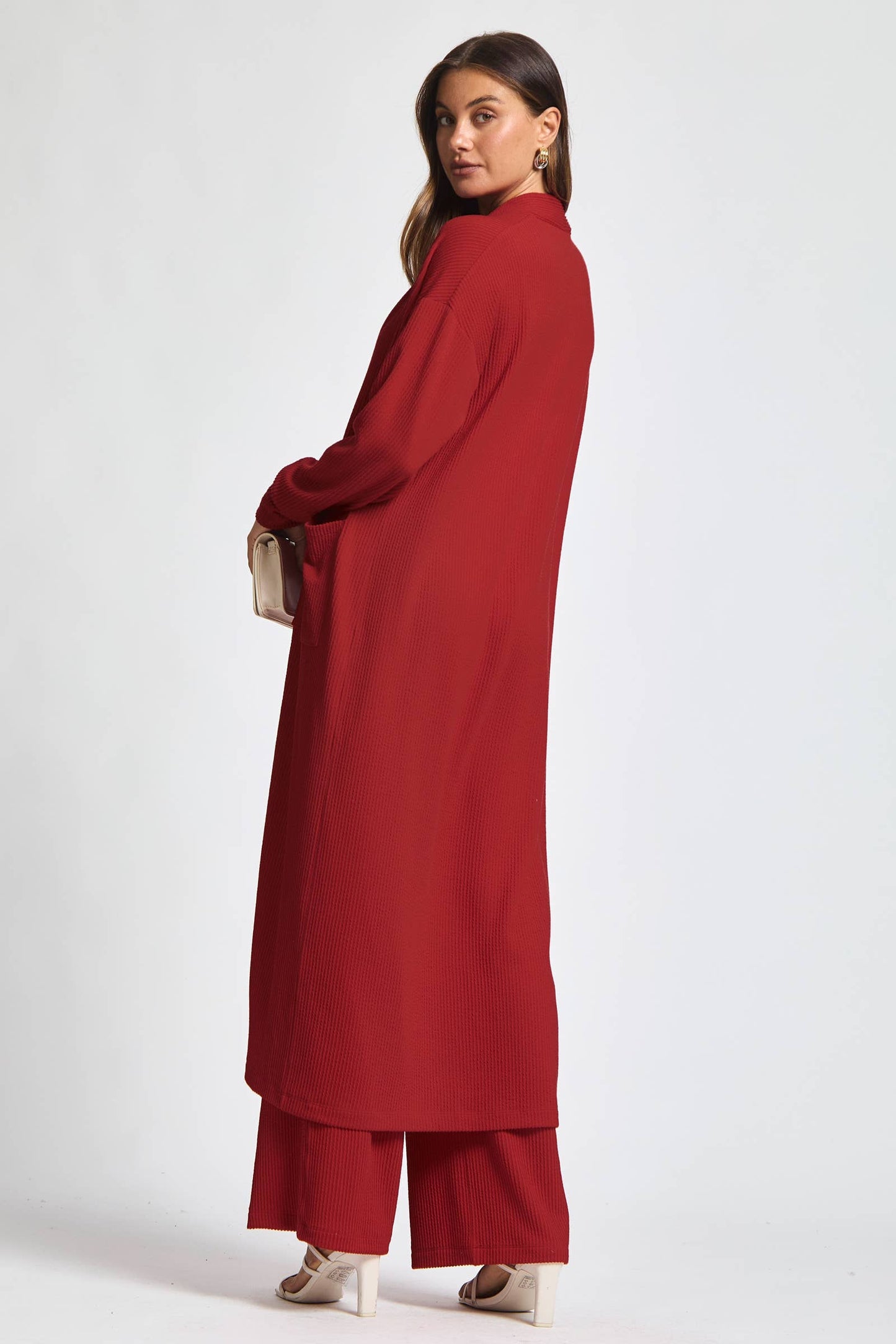 Longline Cardigan + Relaxed Pants 2 Piece: RED / S