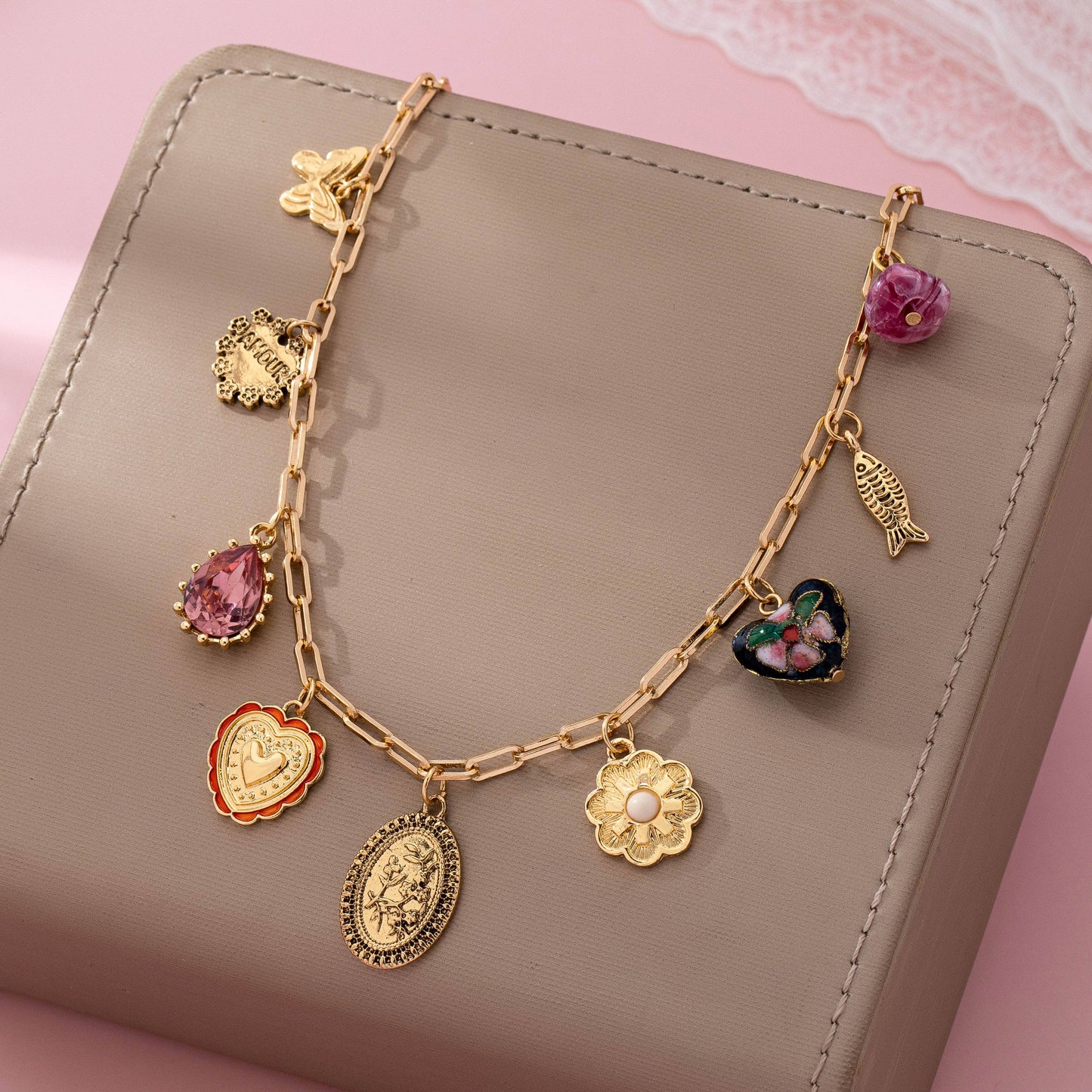 Heart Cloisonne Multi Charm Necklace | 80N92777
