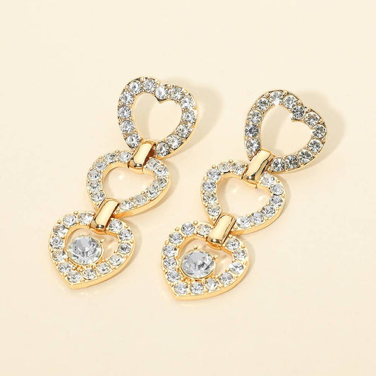 Gold Dipped Rhinestone Open Heart Link Drop Earrings