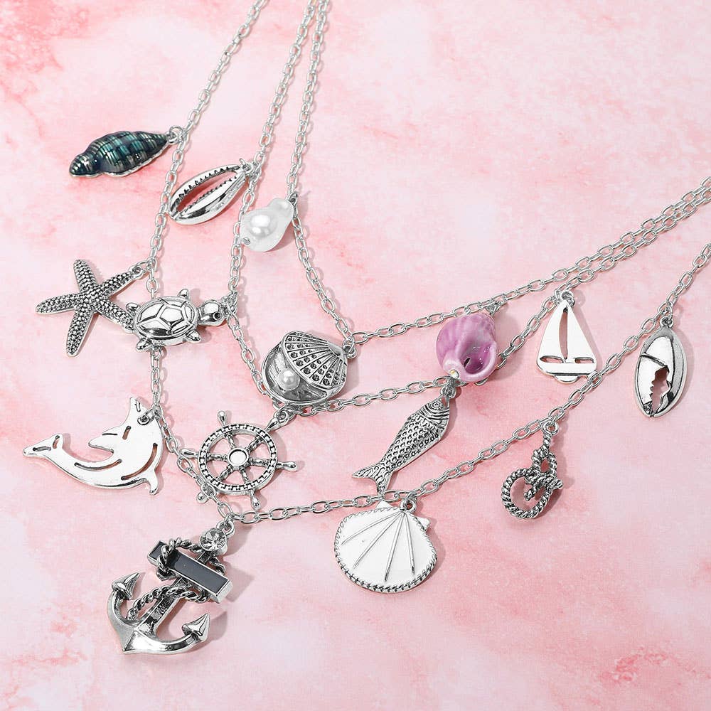 Anchor Sea Shell Pearl Dolphin Fish Rope Sea Turtle Charm Embellished Triple Layered Necklace: Antique Rhodium,Multi