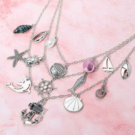 Anchor Sea Shell Pearl Dolphin Fish Rope Sea Turtle Charm Embellished Triple Layered Necklace: Antique Rhodium,Multi