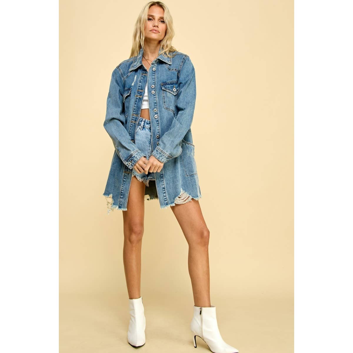 Medium Washed Denim Western Shirts Jacket: Medium Wash / S