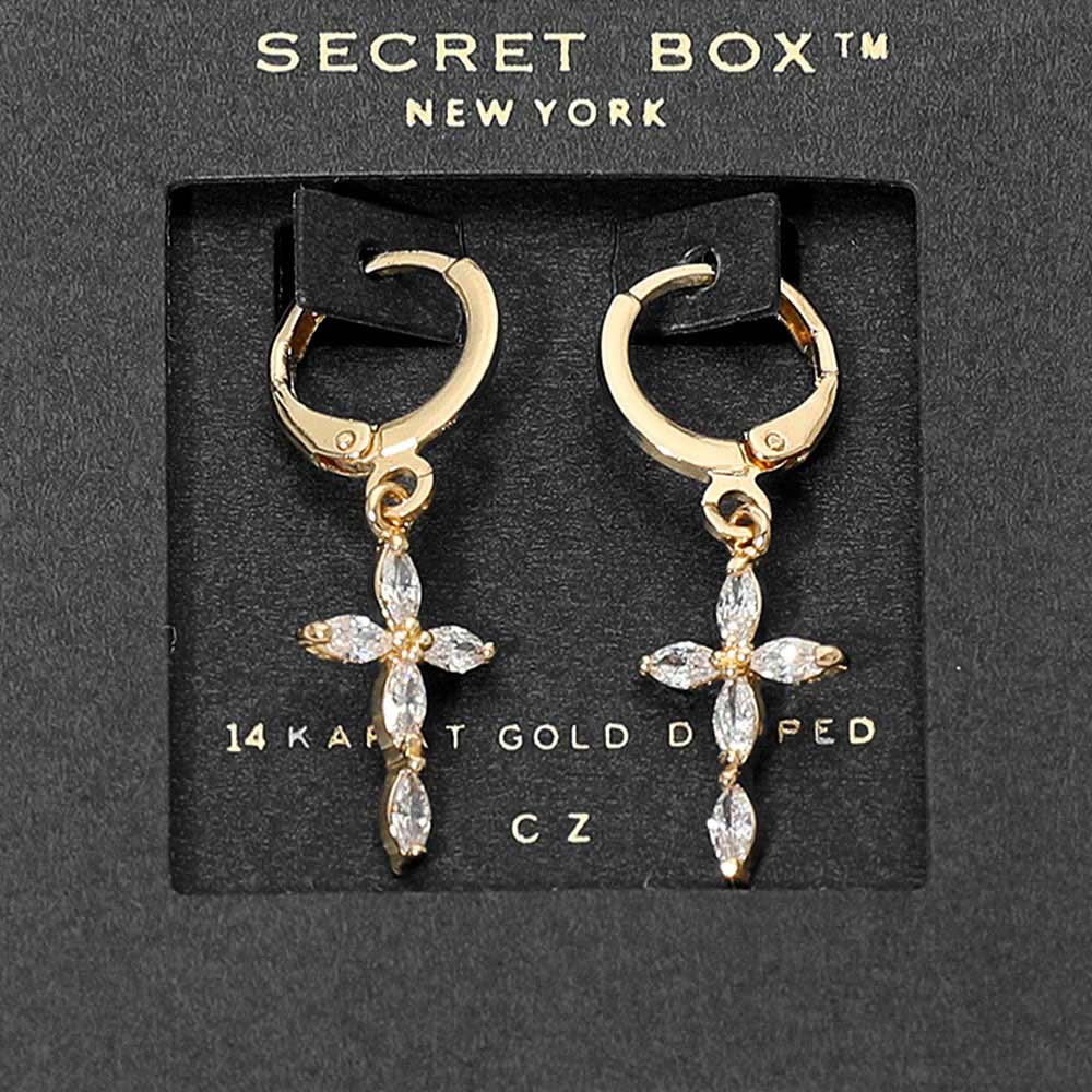 J6. SECRET BOX_14K Gold Dipped Marquise CZ Cross Charm Drop Huggie Hoop Earrings