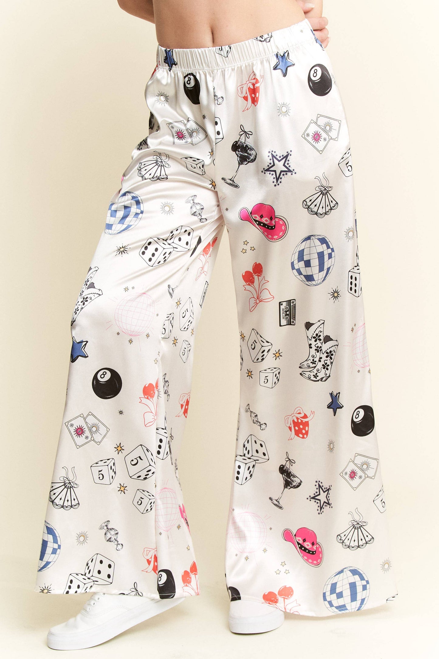 PARTY COLLAGE SATIN PANTS: Black / M