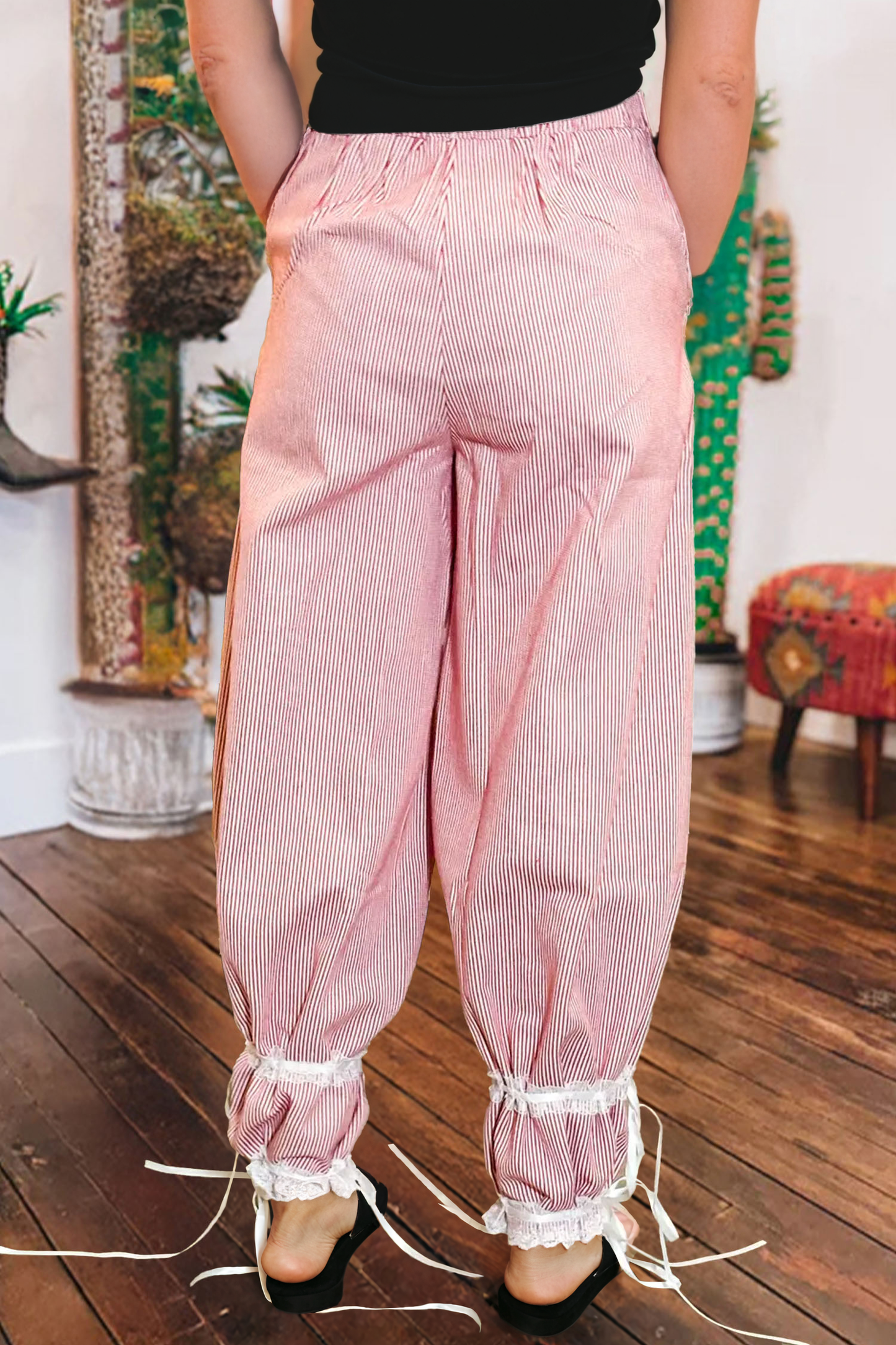 Red Striped Pants with Drawstring Bottom