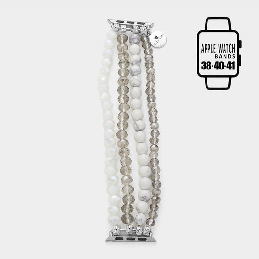 Faceted Beads Natural Stone Beaded Multi Layered Apple Watch Band: Rhodium,White