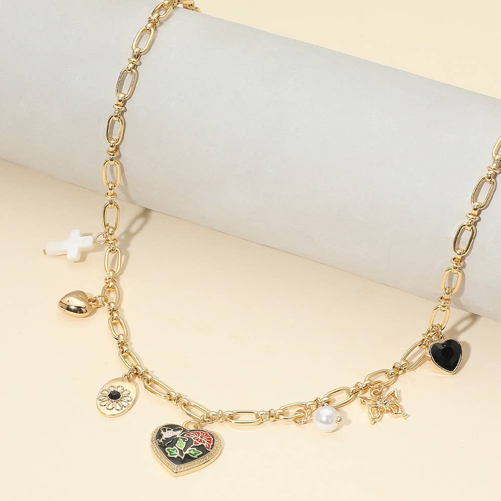 Butterfly Flower Enamel Detailed Heart Pendant Charm Station Necklace: Black,Gold