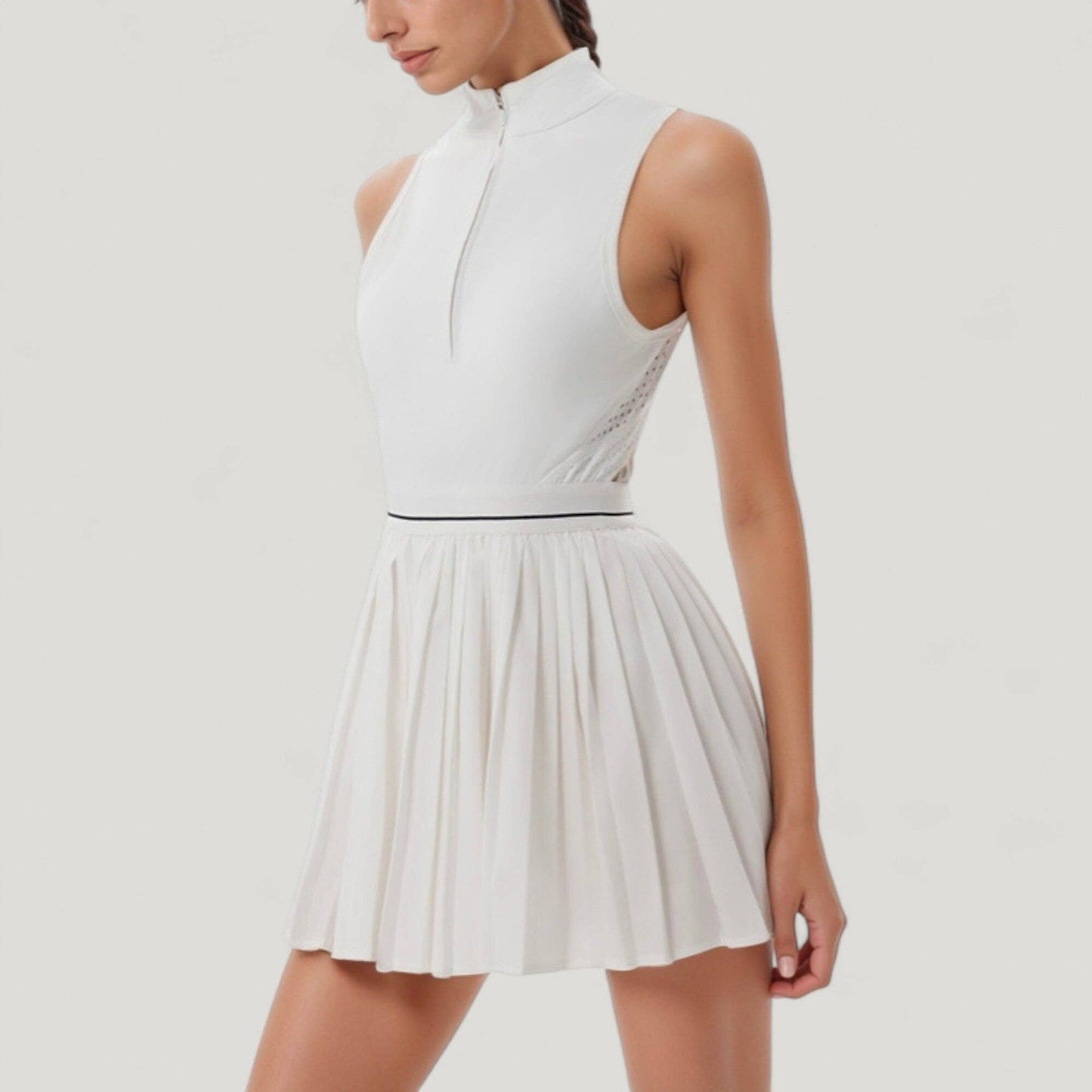 Sleeveless Zip Front High Neck Tennis Dress with Pleated Ski