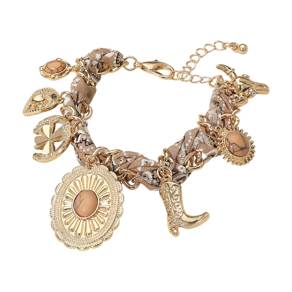Western Cowboy Hat Boot Charm Station Fabric Chain Bracelet: Black,Gold