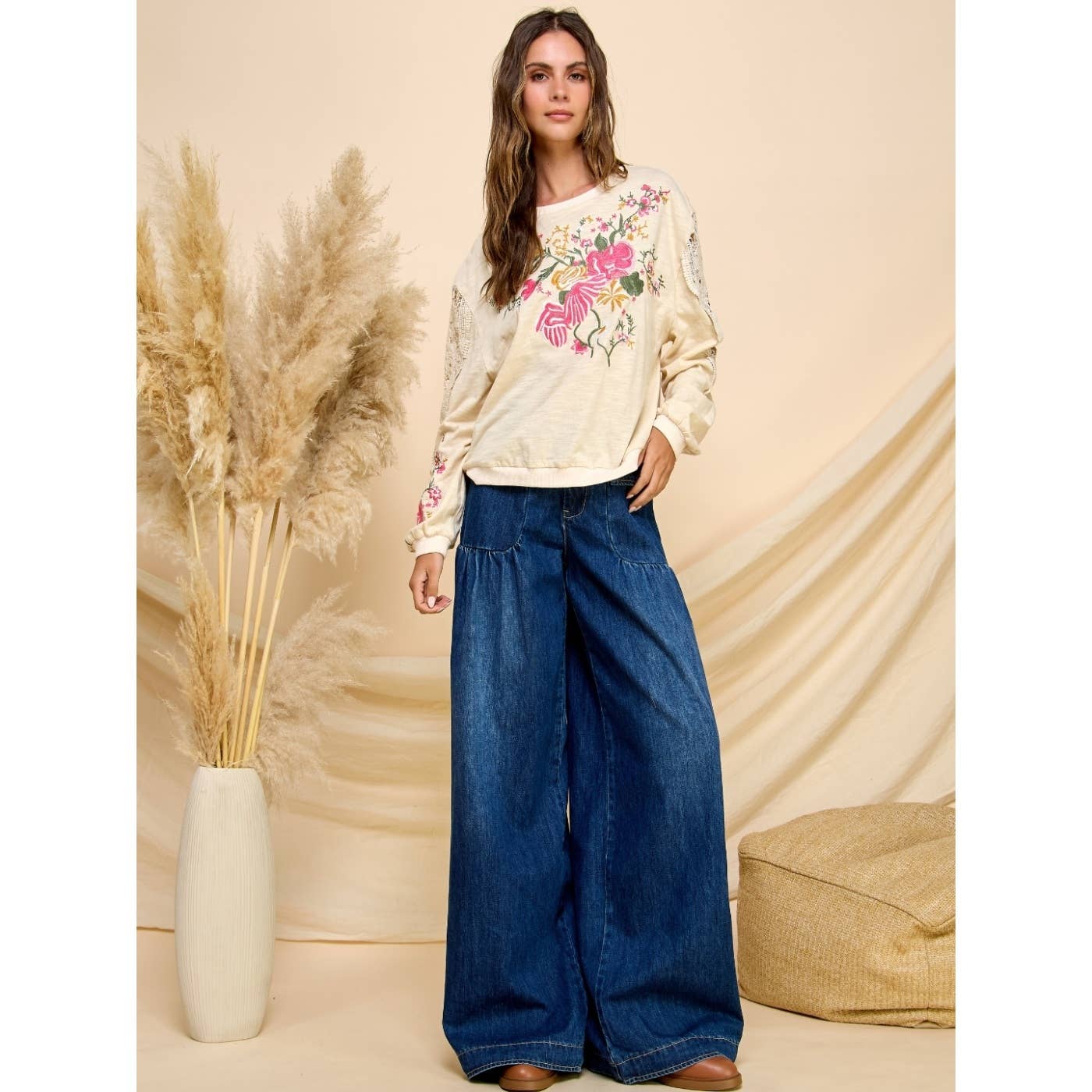 Ankle Drawstring Wide Denim Pants: Dark Wash / M