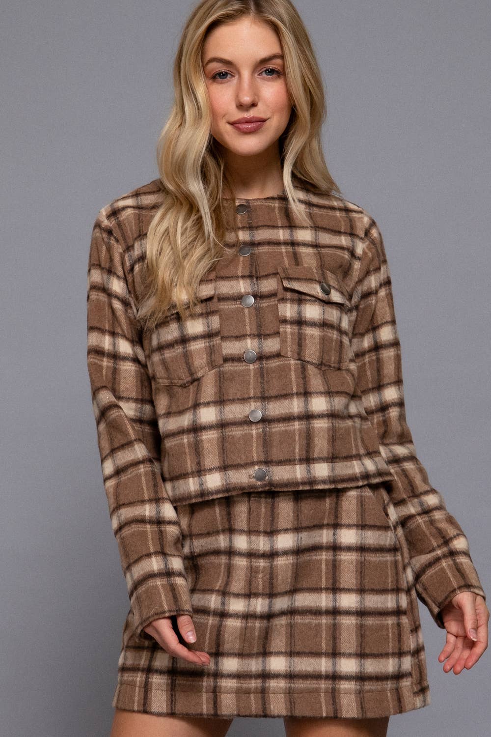 Long Sleeve Round Neck Brushed Plaid Jacket