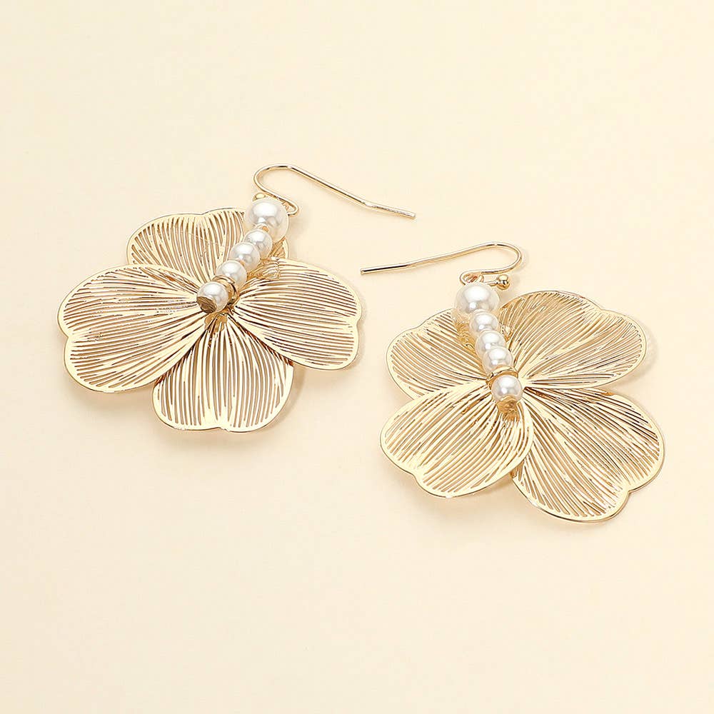 Stone Centered Pearl Back Detailing Metal Filigree Flower Drop Earrings