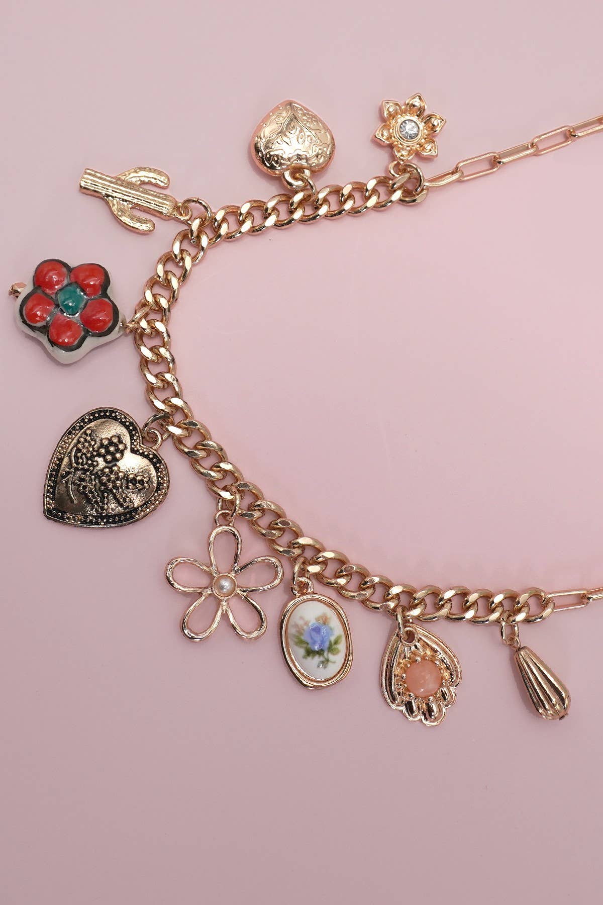 CHARM NECKLACE- BOHO PORCELAIN FLORAL CACTUS | 80N92249: GOLD