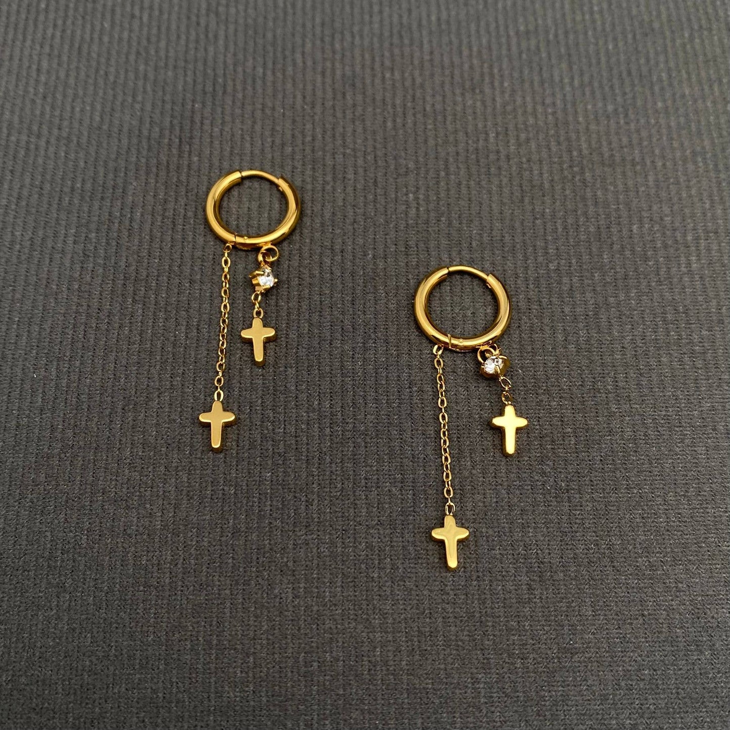 M20. Double Cross 18K Gold Plated Huggie Earrings