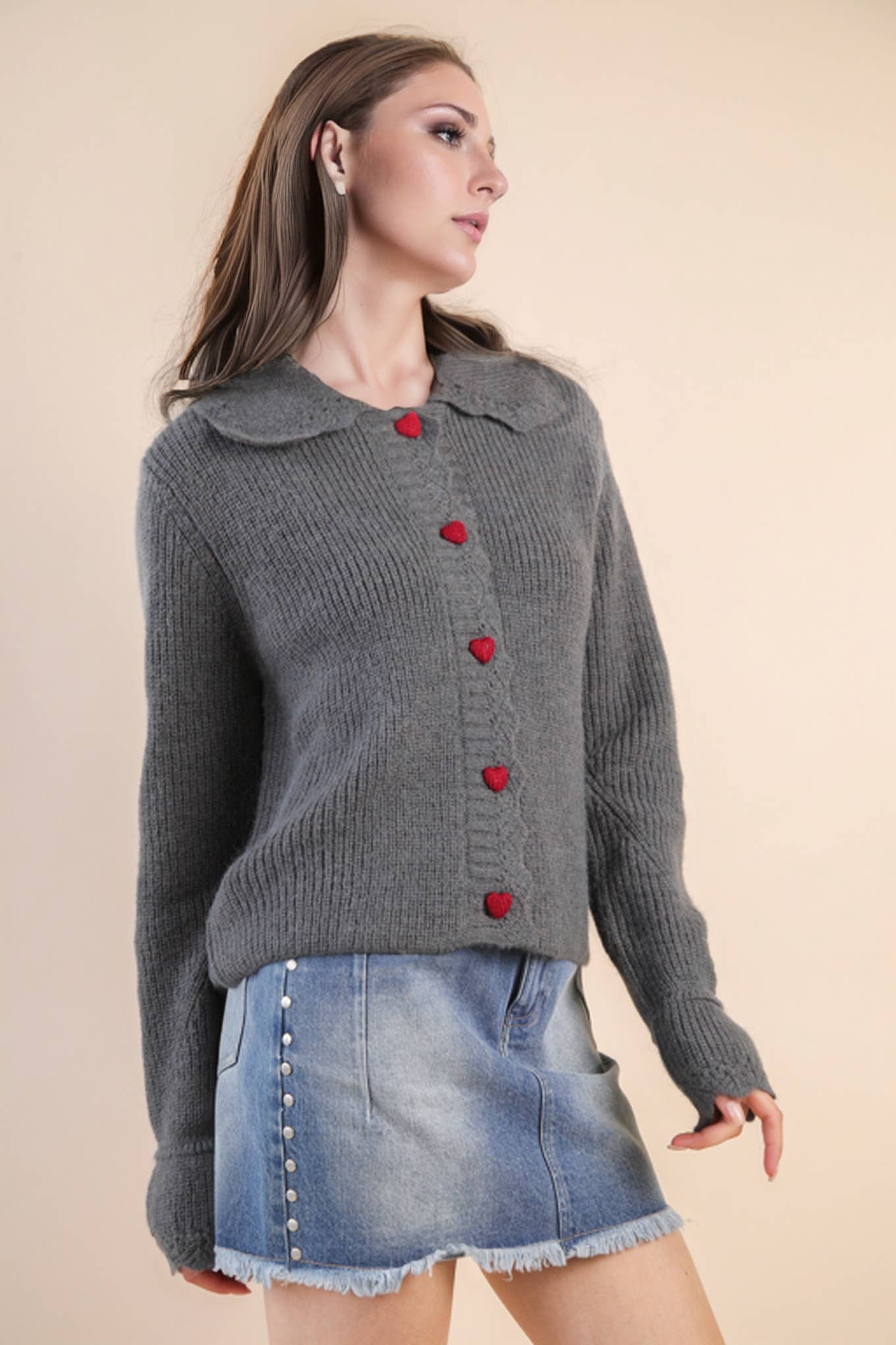 12W3445N-Heart Button Down Knit Sweater Cardigan