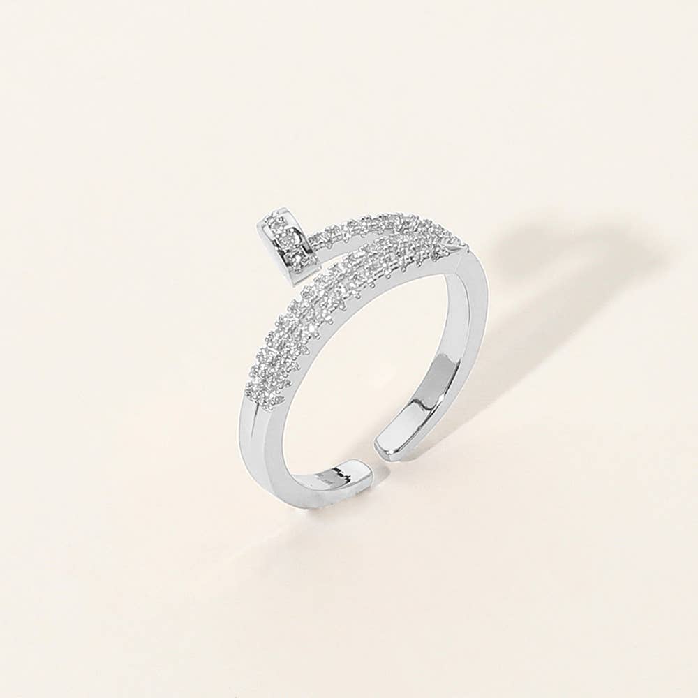 Stone Paved Nail Adjustable Ring: Clear,Rhodium