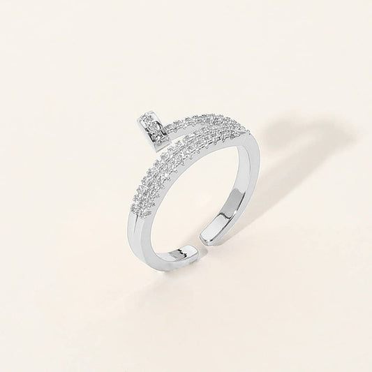 Stone Paved Nail Adjustable Ring: Clear,Rhodium