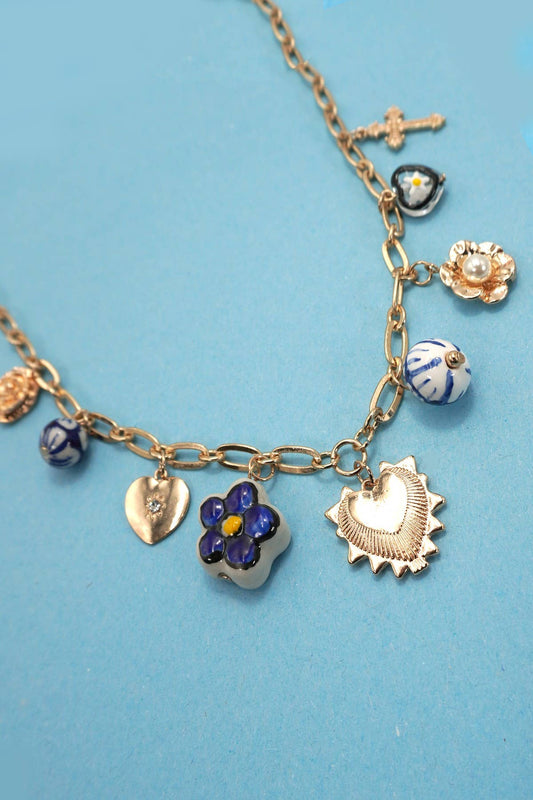 BLUE CERAMIC PORCELAIN HEART CROSS CHARM NECKLACE | 80N91624