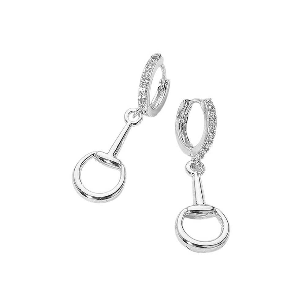 Stone Paved Huggie Hoop Accent Horsebit Drop Earrings