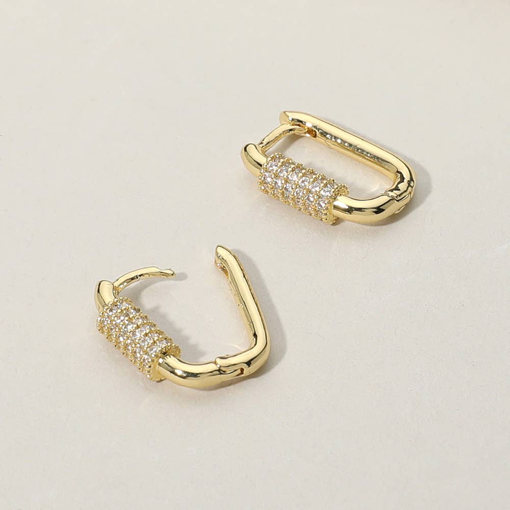 CZ Stone Paved Carabiner Huggie Hoop Earrings: Silver