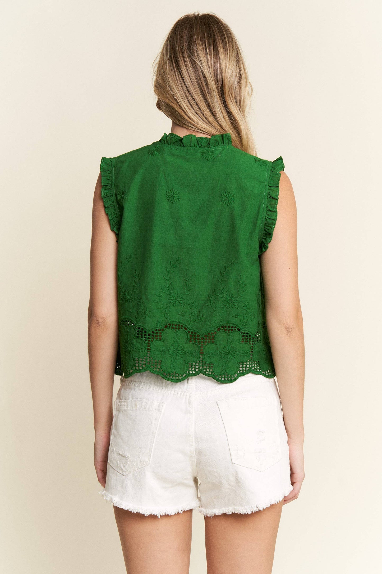 SLEEVELESS RUFFLE FRONT TIE TOP