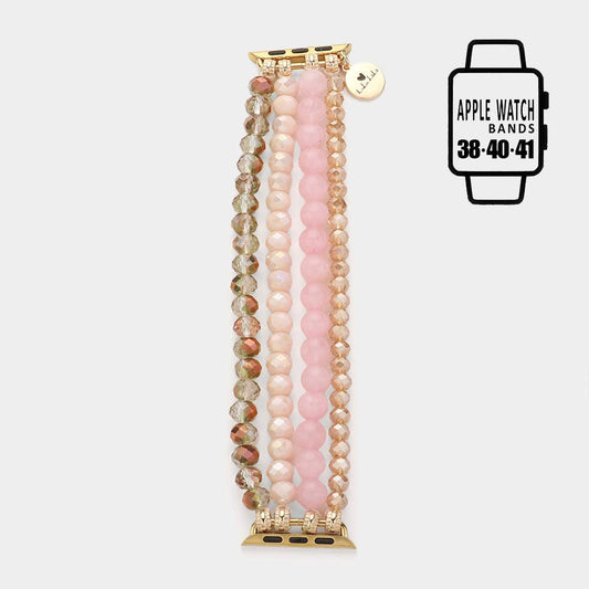 Faceted Beads Natural Stone Beaded Multi Layered Apple Watch Band: Gold,Pink