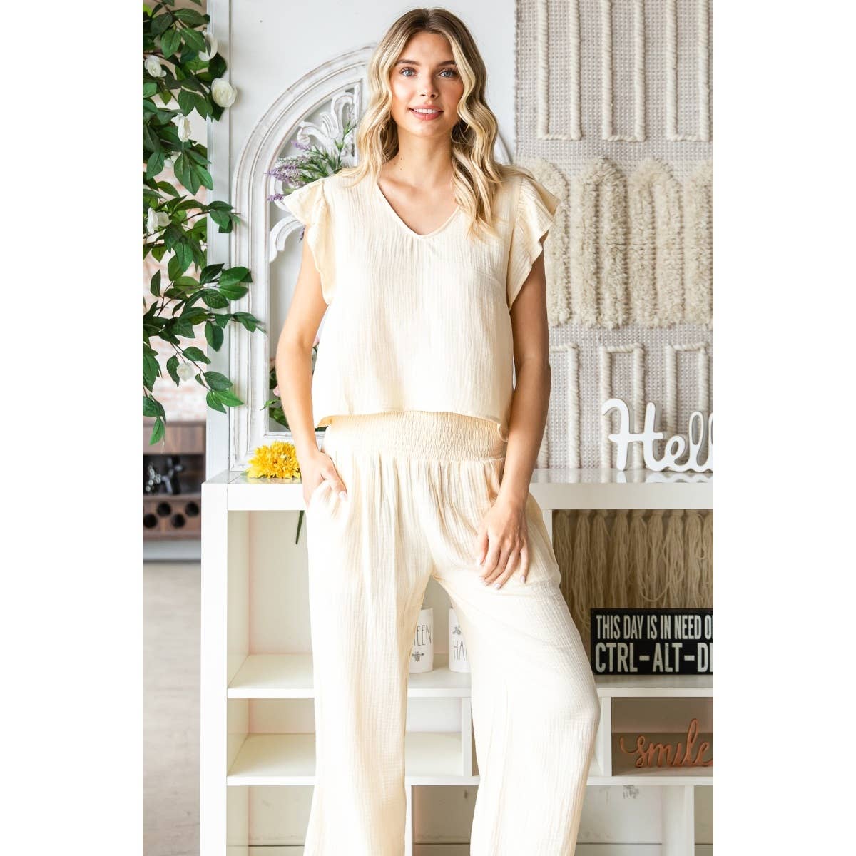 Ruffle Sleeve Linen feel Top and Pants Set