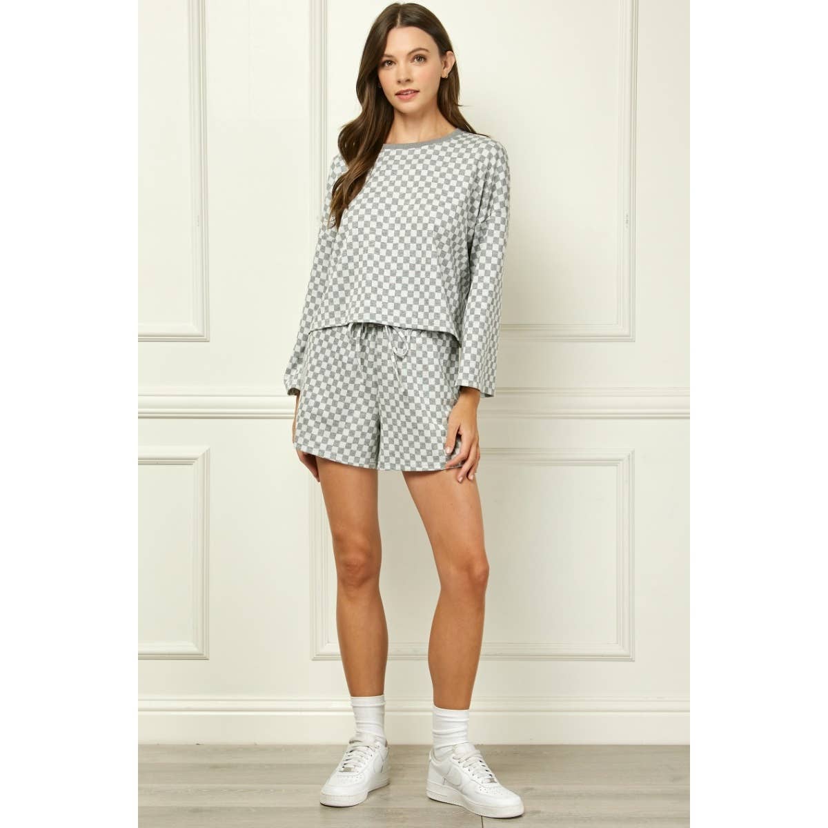 Checker Jersey Long Sleeve Top : Brown / L