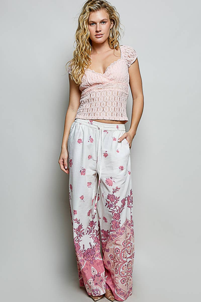 Floral Stripe Block Print Elastic Waist Wide Leg Pants