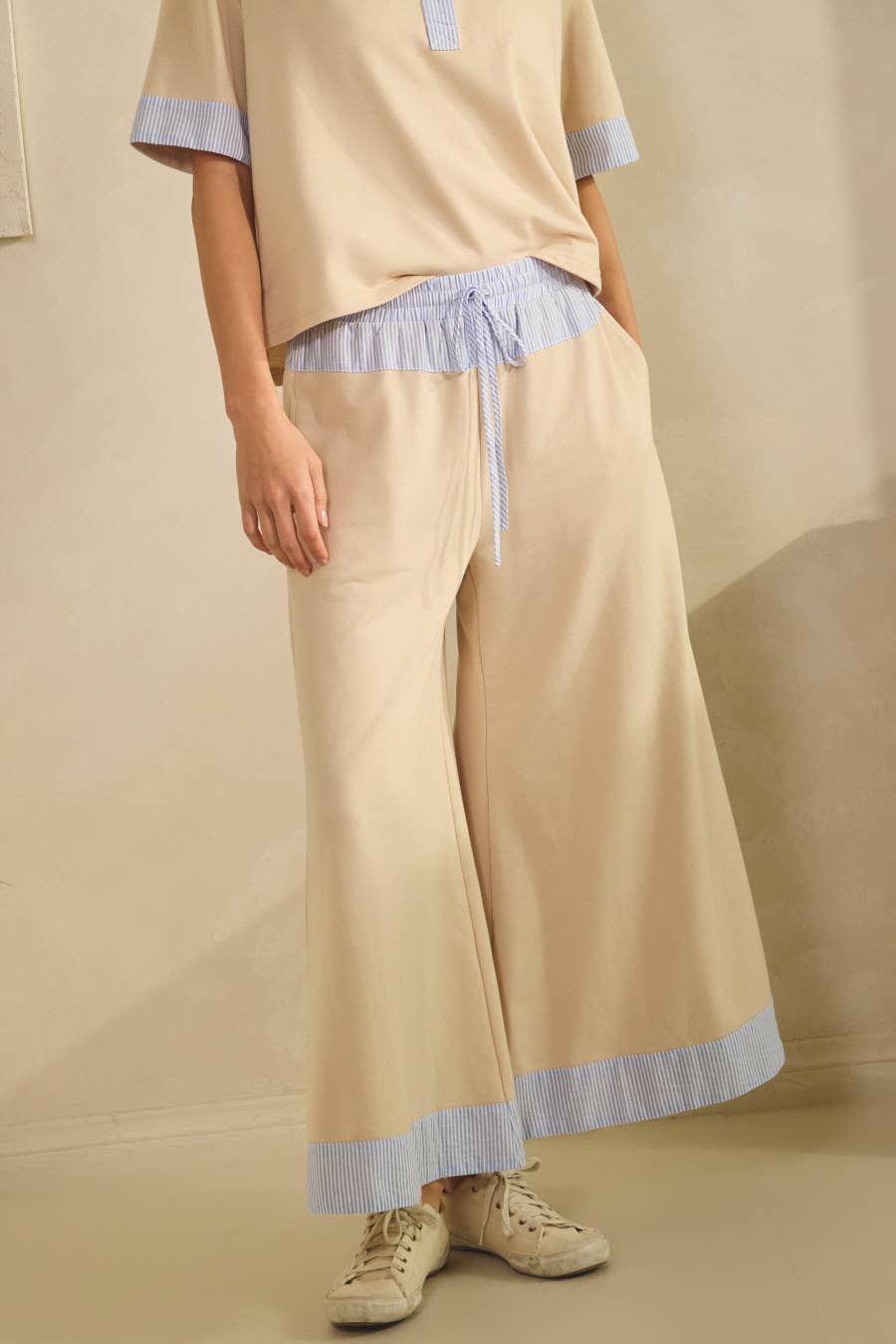 Oddi Contrast-trim Henley Top And Pants Set