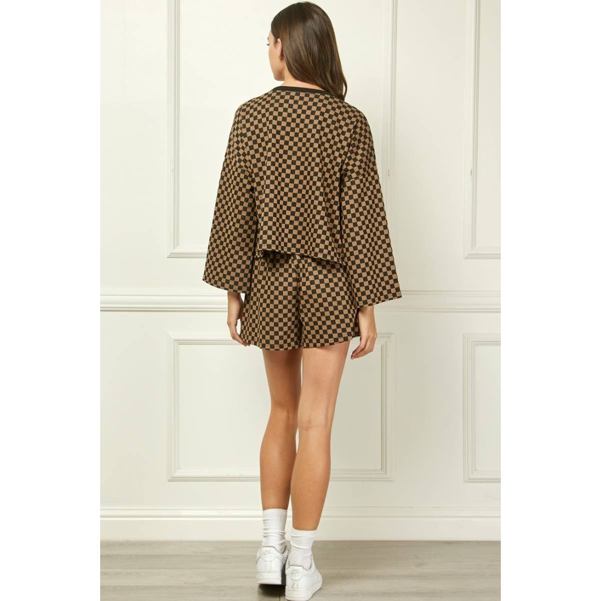 Checker Jersey Long Sleeve Top : Brown / S