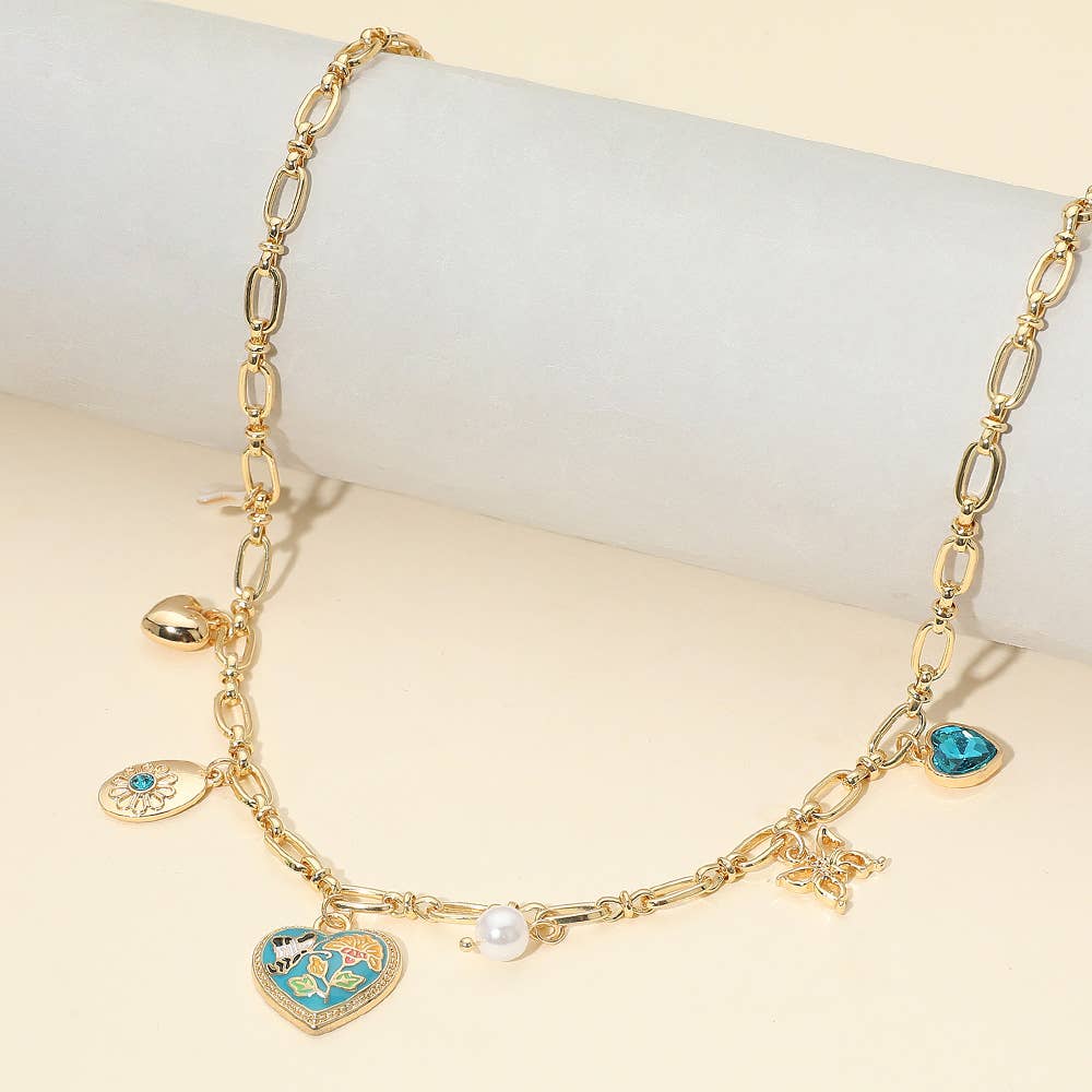 Butterfly Flower Enamel Detailed Heart Pendant Charm Station Necklace: Black,Gold