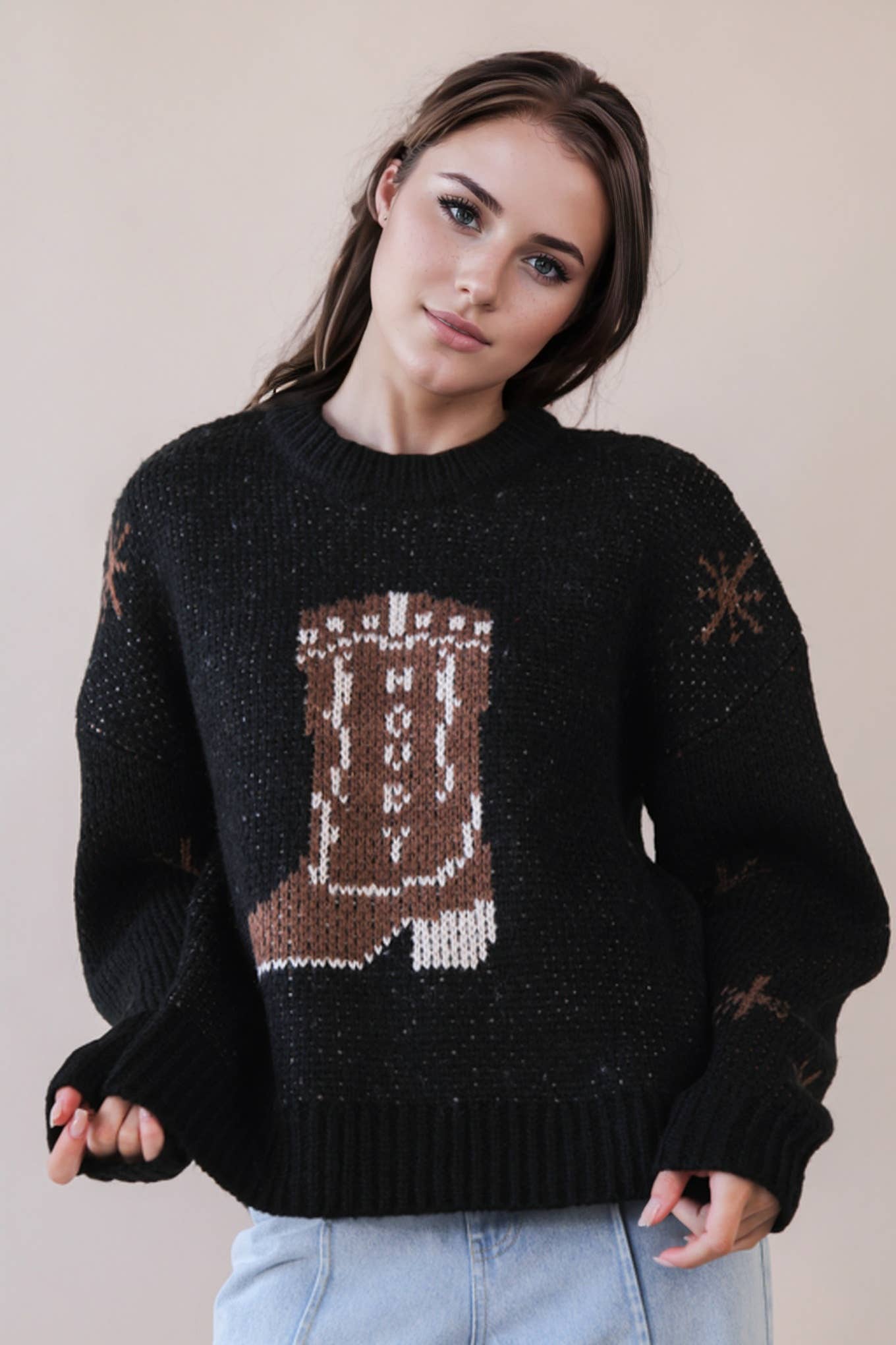 12W3402N-Cowboy Boots Graphic Print Knit Sweater