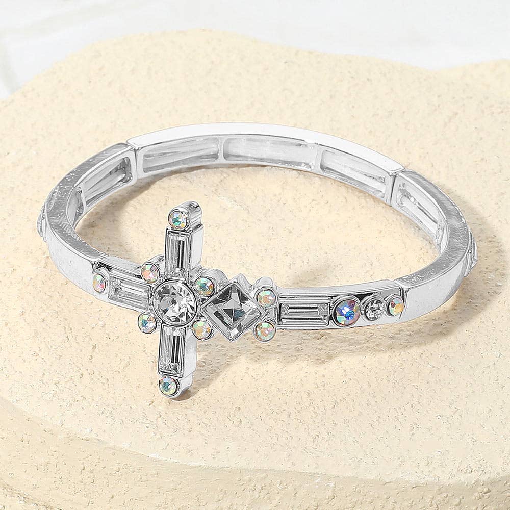 Mixed Stone Cross Accent Stretch Bracelet