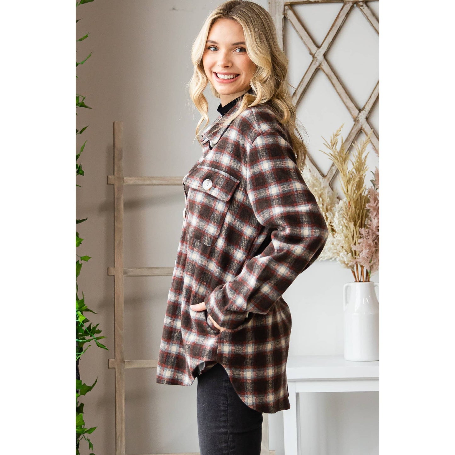 VJ71471 - Classic Plaid Shirts Jacket: Brown Combo / L