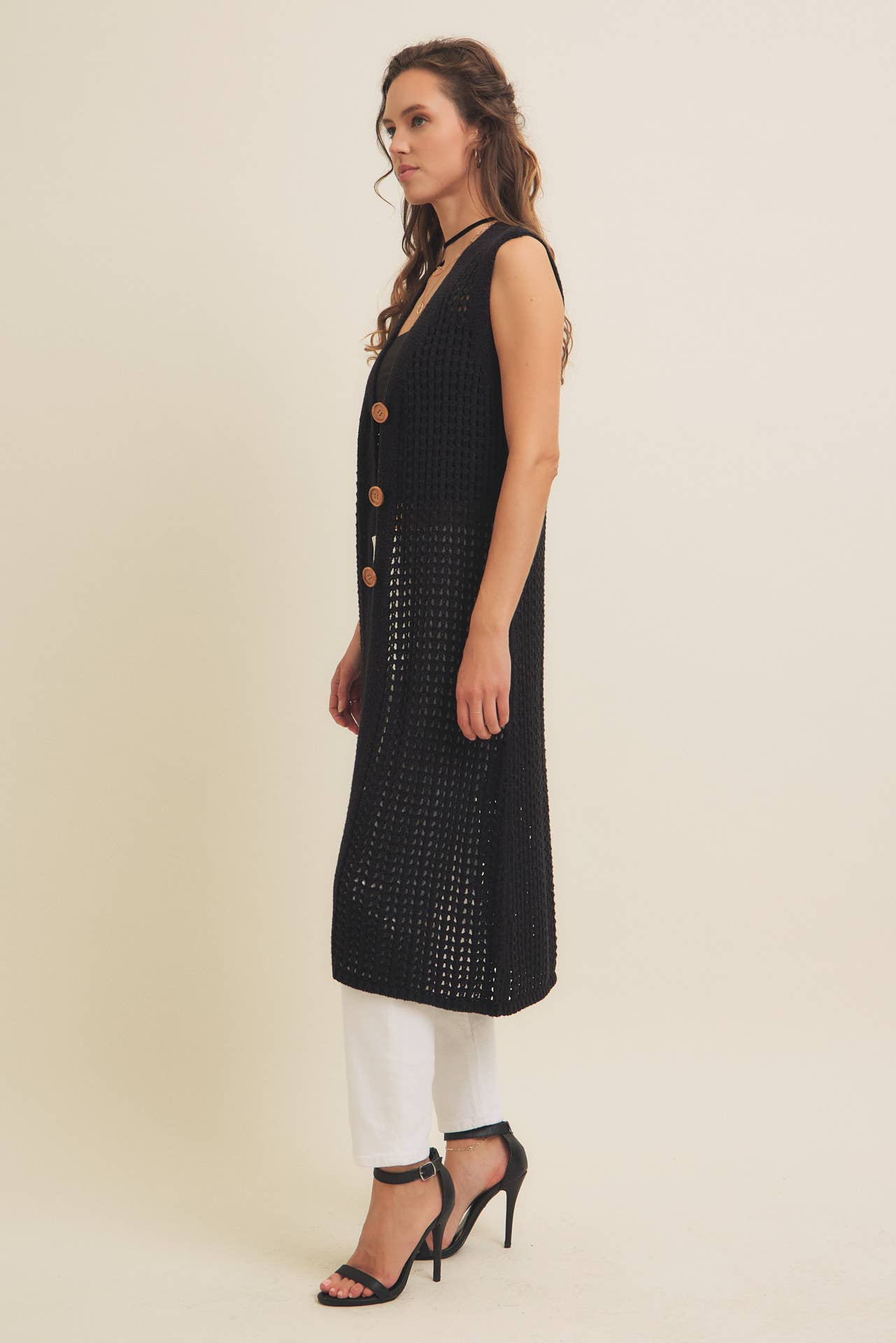 BUTTON-DOWN OPEN KNIT SLEEVELESS MIDI SWEATER CARDIGAN
