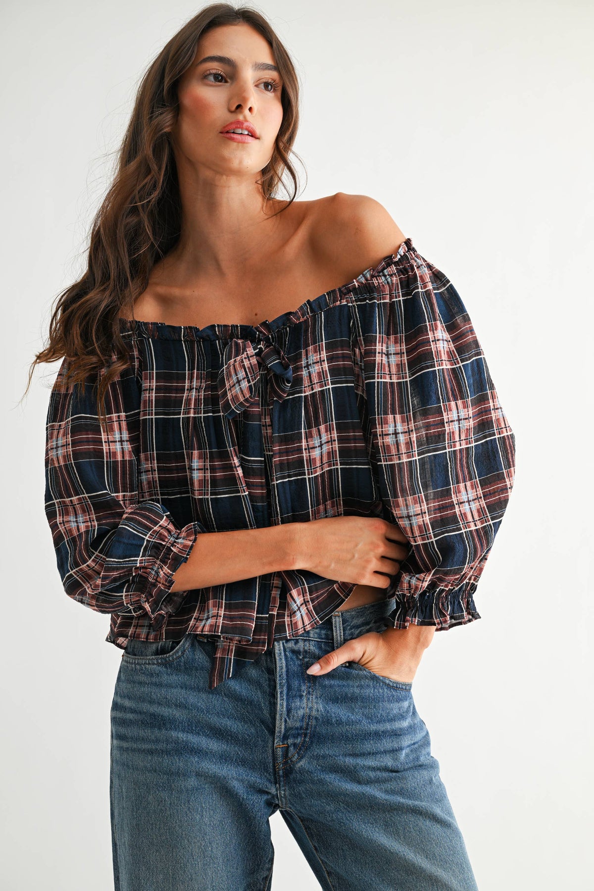 CET26536A Plaid Off-Shoulder Tie Top
