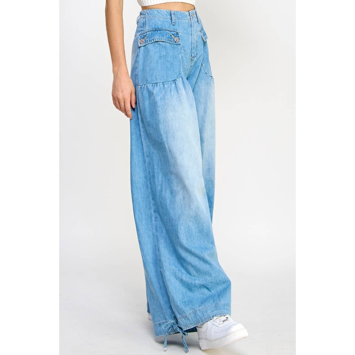 Ankle Drawstring Wide Denim Pants: Dark Wash / M