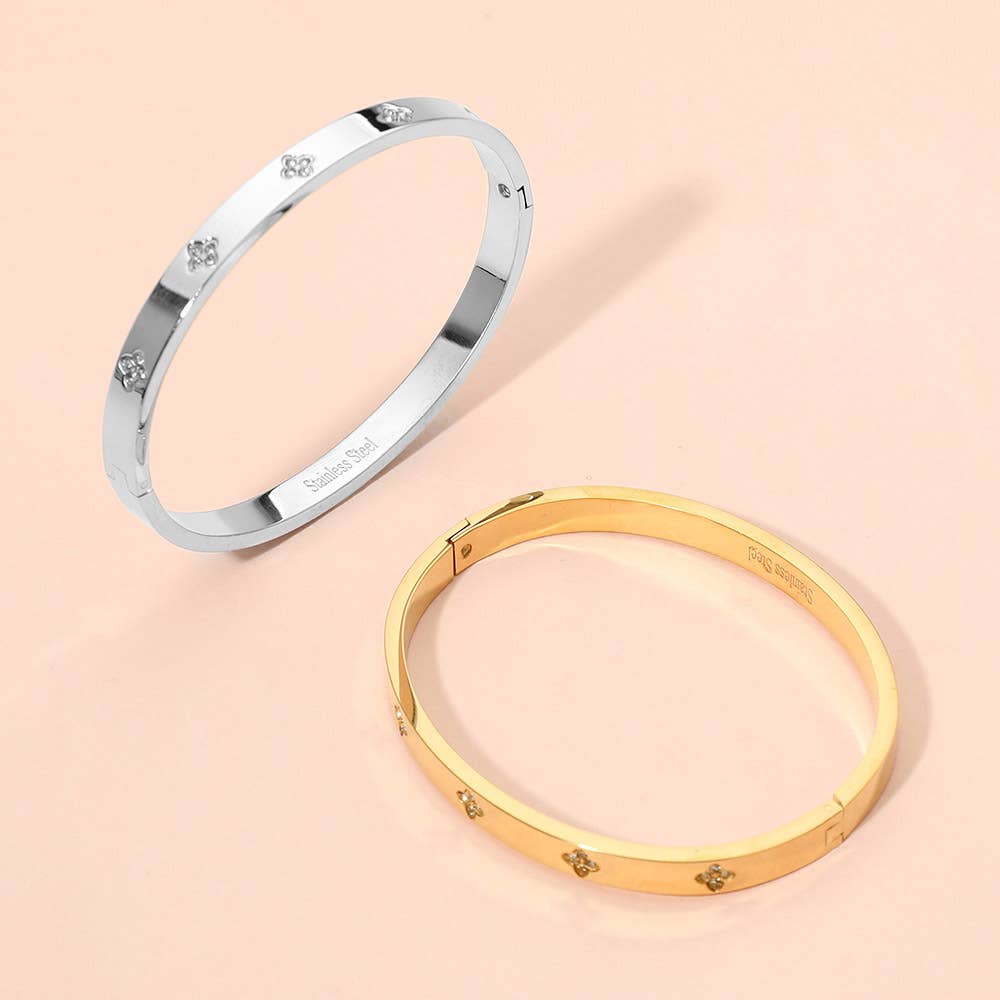 Stainless Steel CZ Stone Accent Hinged Bangle Bracelet