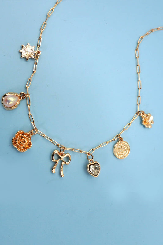 BOW HEART FLOWER CHARM LINK CHAIN NECKLACE | 80N91475