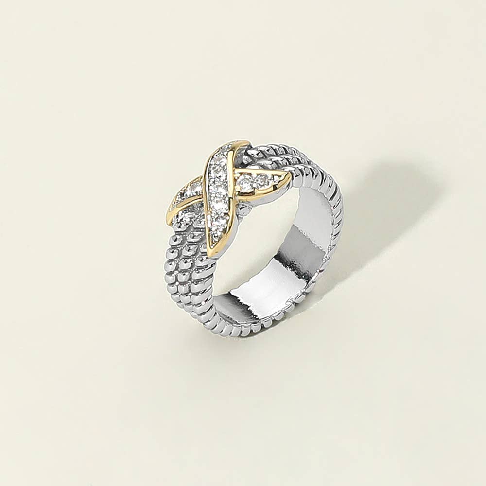 Two Tone CZ Stone Paved Crisscross Accent Textured Ring