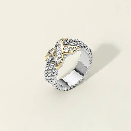 Two Tone CZ Stone Paved Crisscross Accent Textured Ring