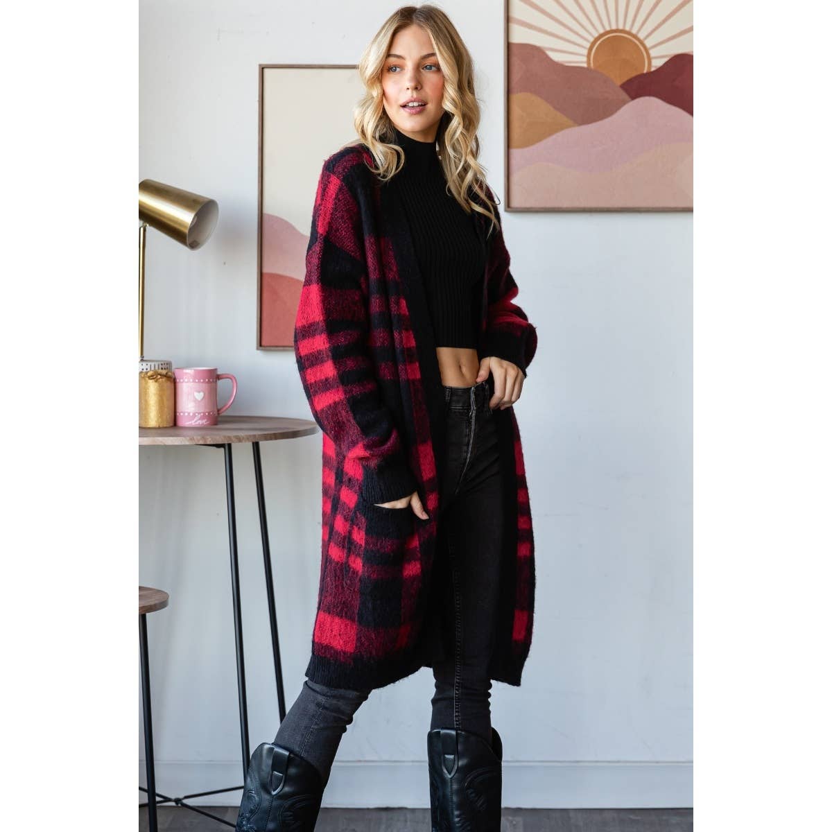 Mohair Sweater Long Cardigan  : Red/Black / S